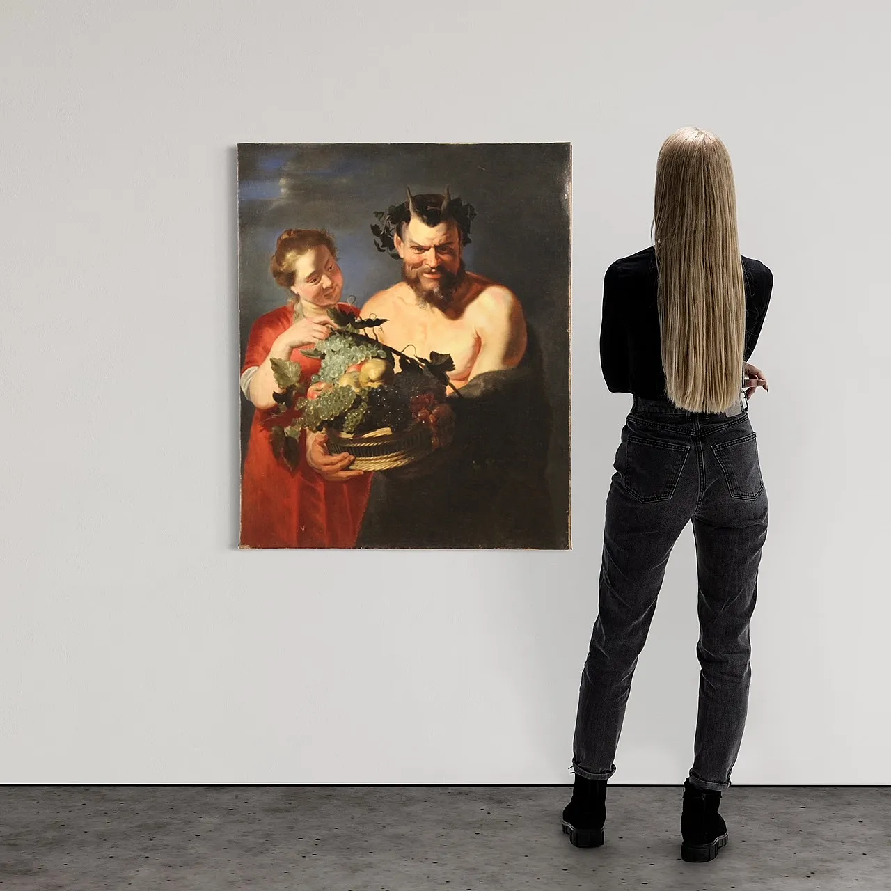 Faun with fruit basket, Flemish oil painting, 17th century 1