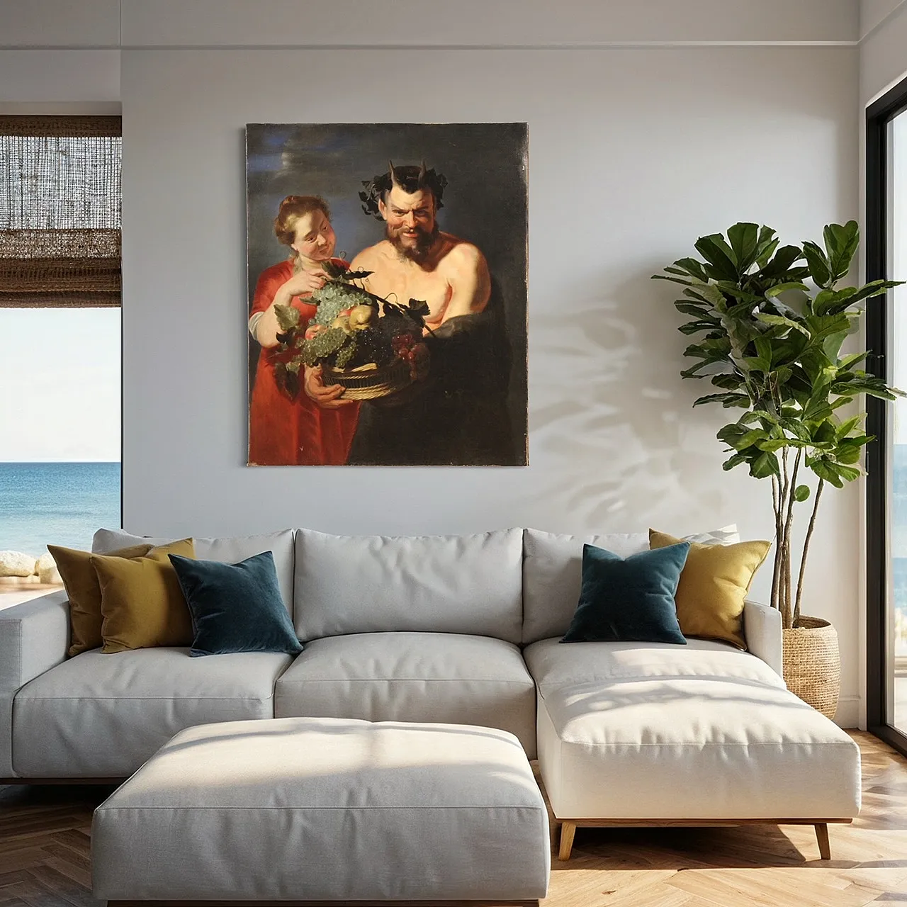 Faun with fruit basket, Flemish oil painting, 17th century 2