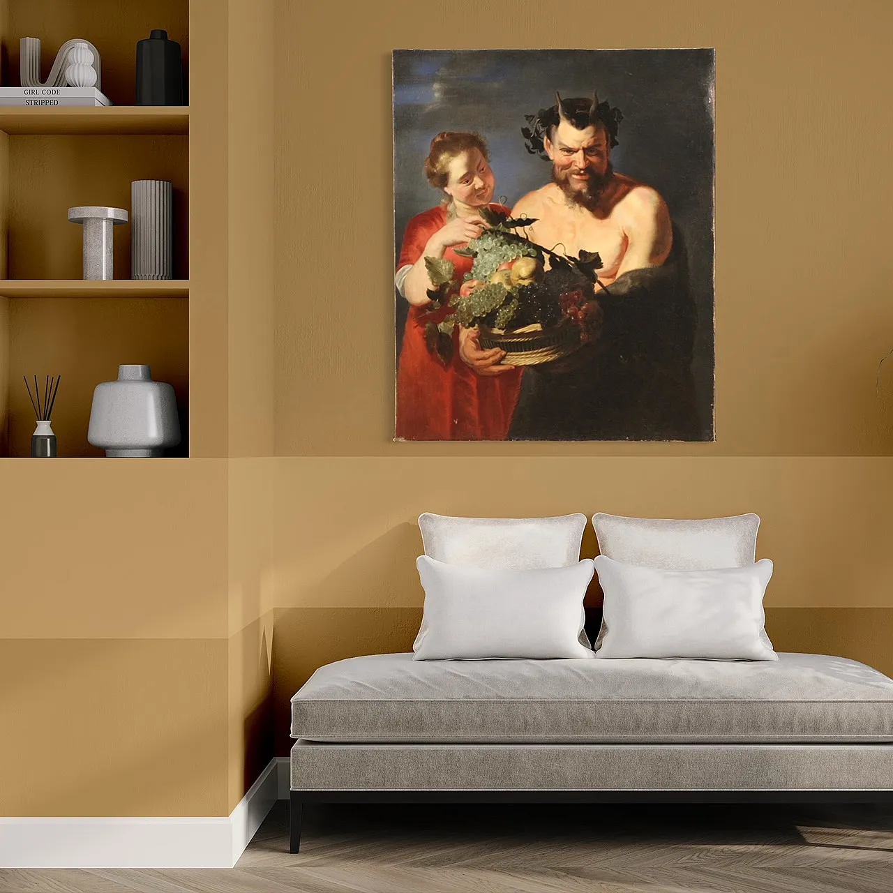 Faun with fruit basket, Flemish oil painting, 17th century 4