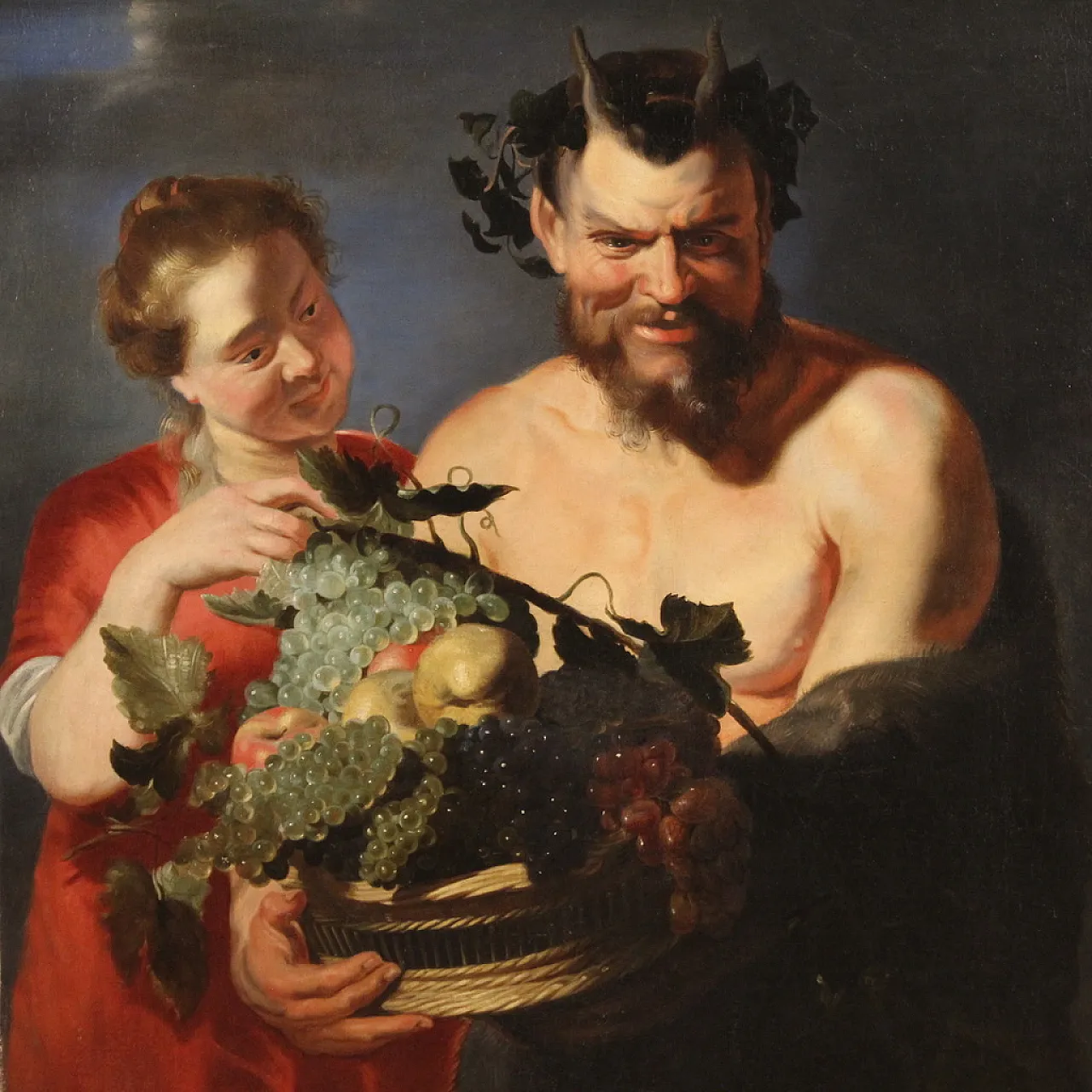 Faun with fruit basket, Flemish oil painting, 17th century 12
