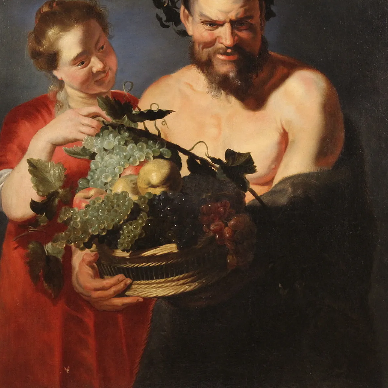 Faun with fruit basket, Flemish oil painting, 17th century 13