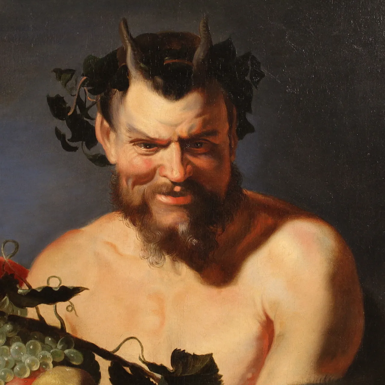 Faun with fruit basket, Flemish oil painting, 17th century 14