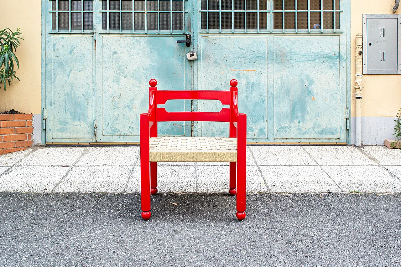 Scrivania con sedia in legno laccato rosso, anni '70 4