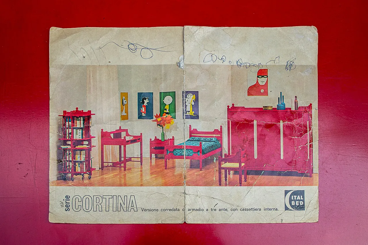 Scrivania con sedia in legno laccato rosso, anni '70 8