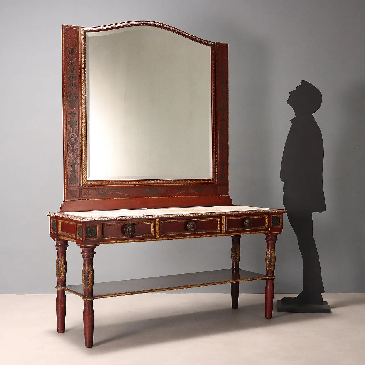 Console con specchio in noce dipinto di rosso, '800 2