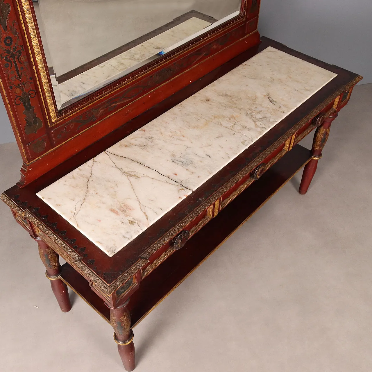 Console con specchio in noce dipinto di rosso, '800 3