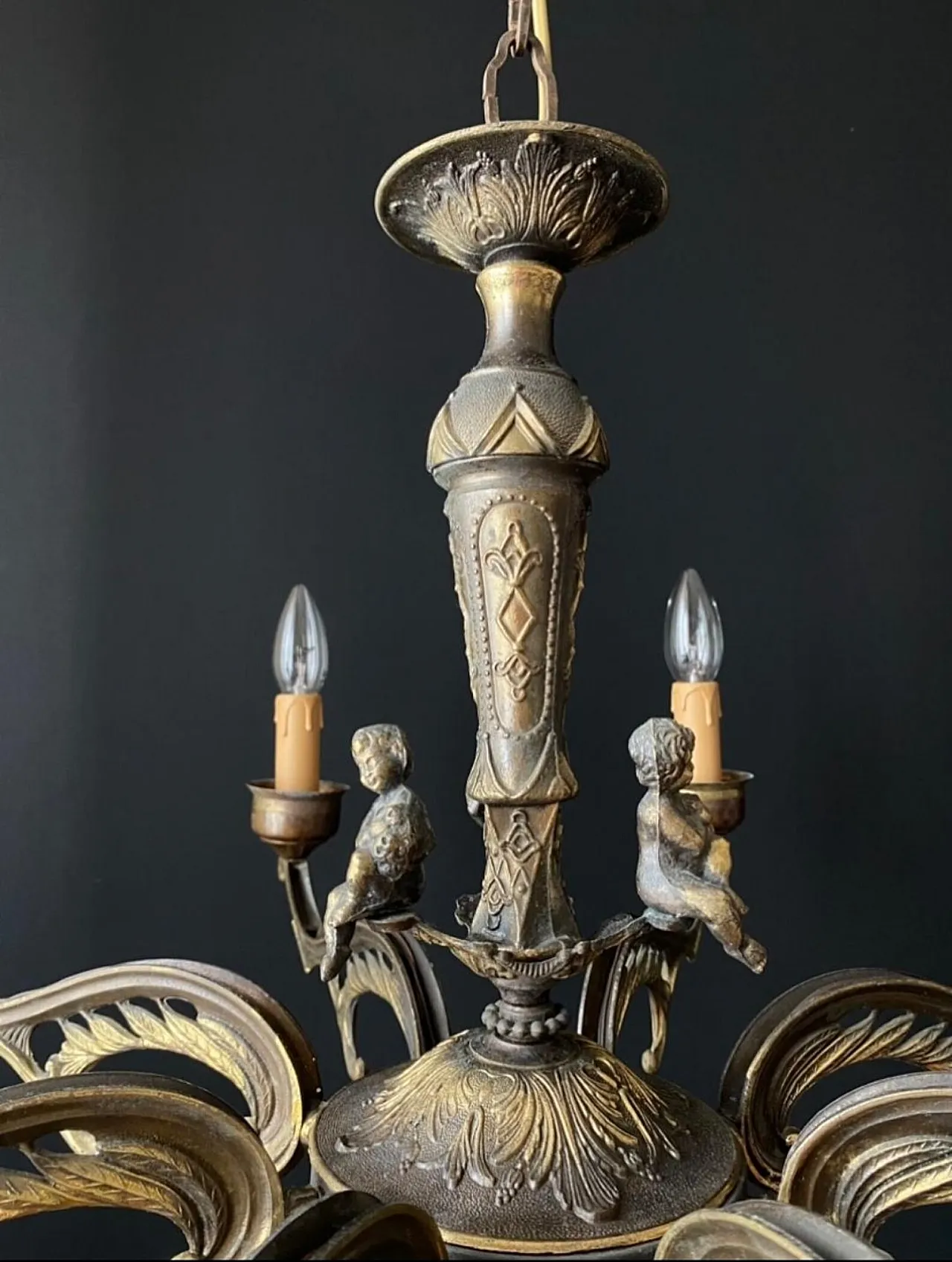Chandelier in bronze with decorative elements in brass, 1960s 4