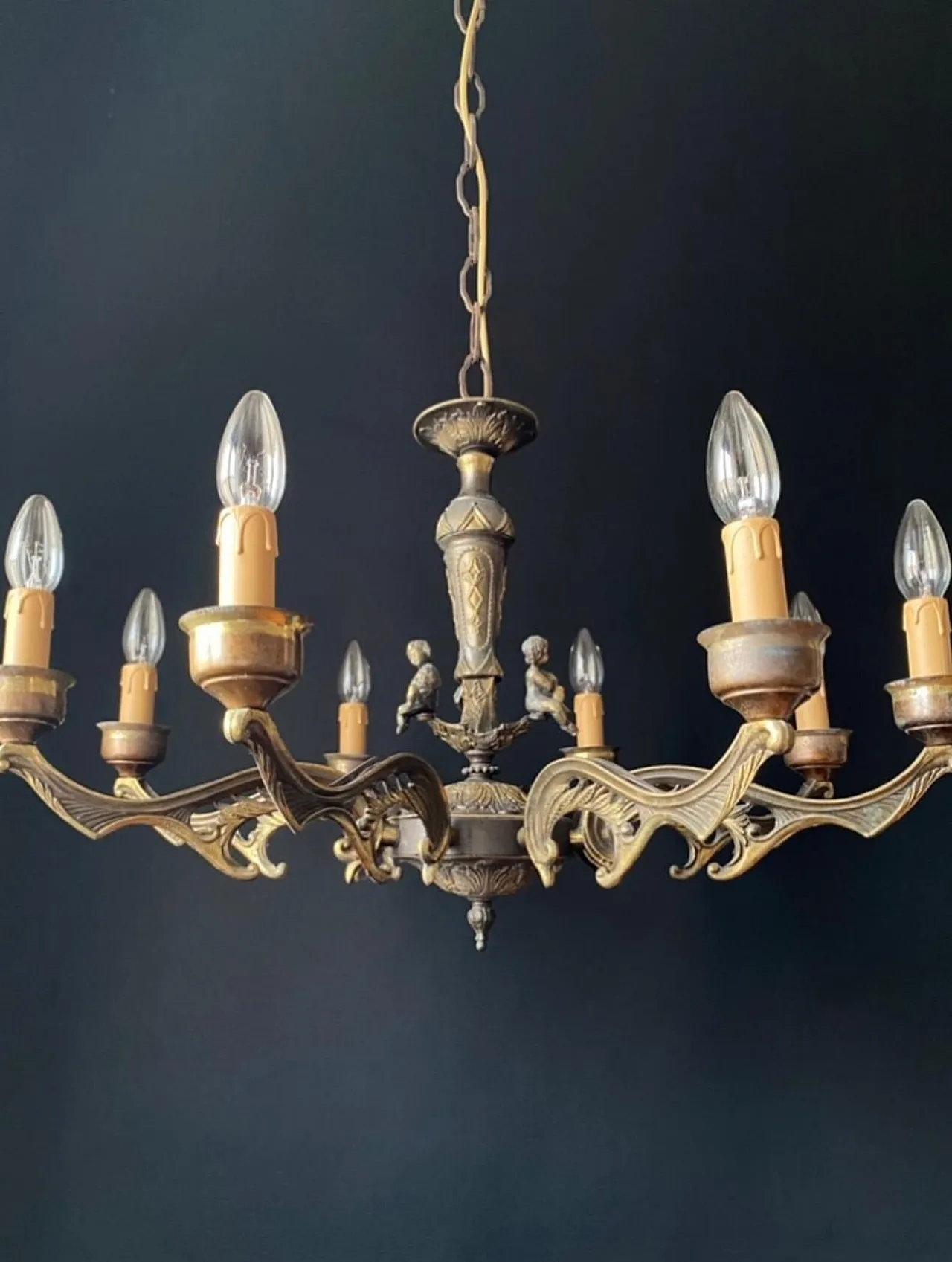 Chandelier in bronze with decorative elements in brass, 1960s 5