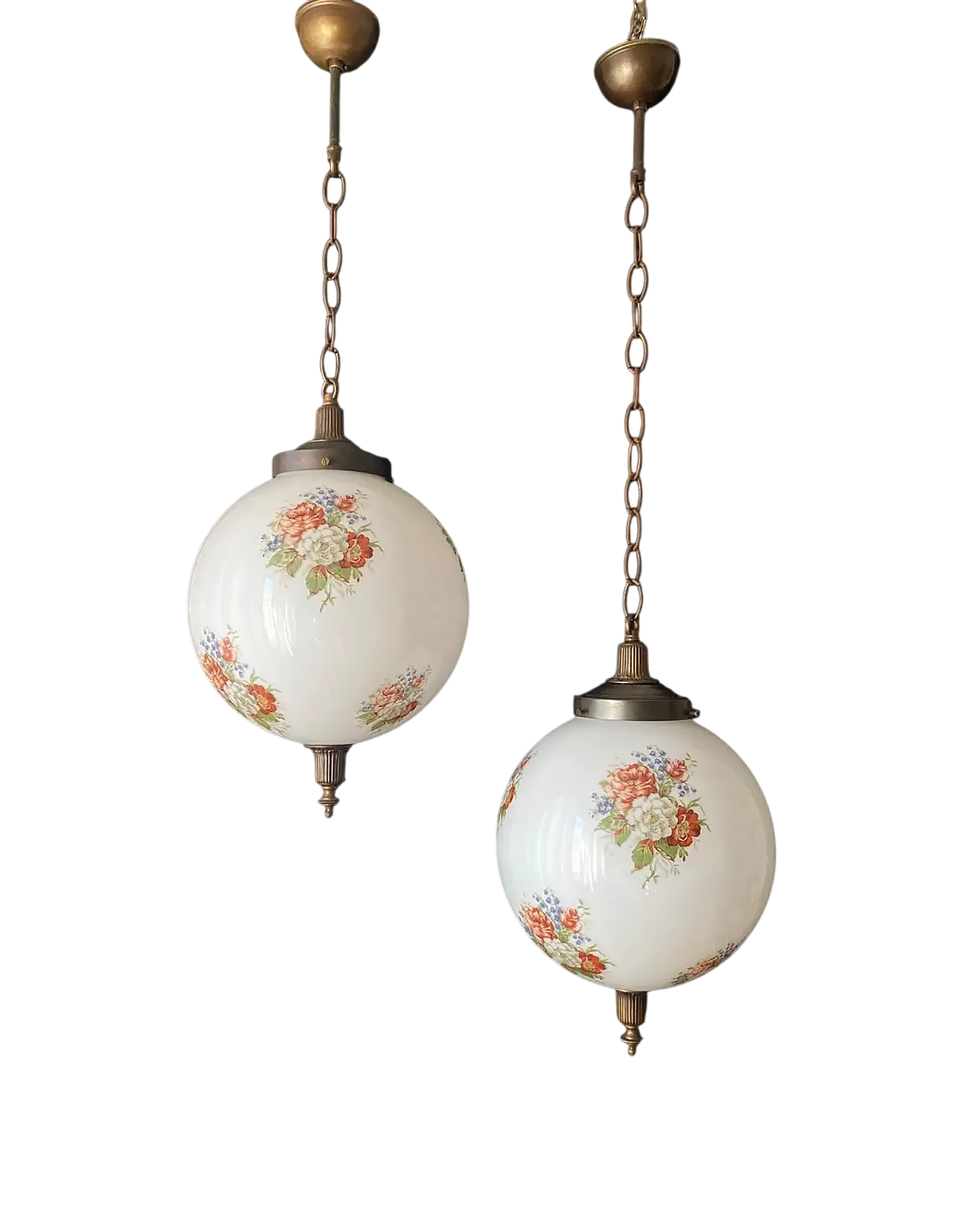 Pair of chandeliers in frosted glass and brass, 1960s 12