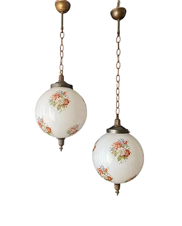 Pair of chandeliers in frosted glass and brass, 1960s