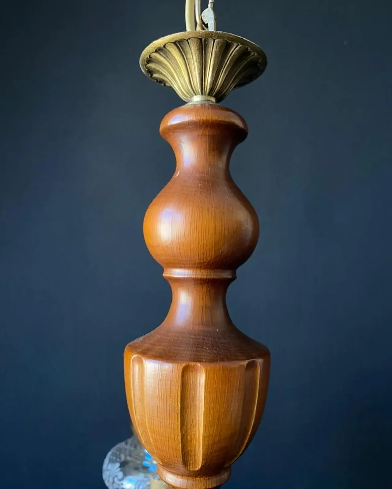 Chandelier in brass, wood and glass, 1960s 9