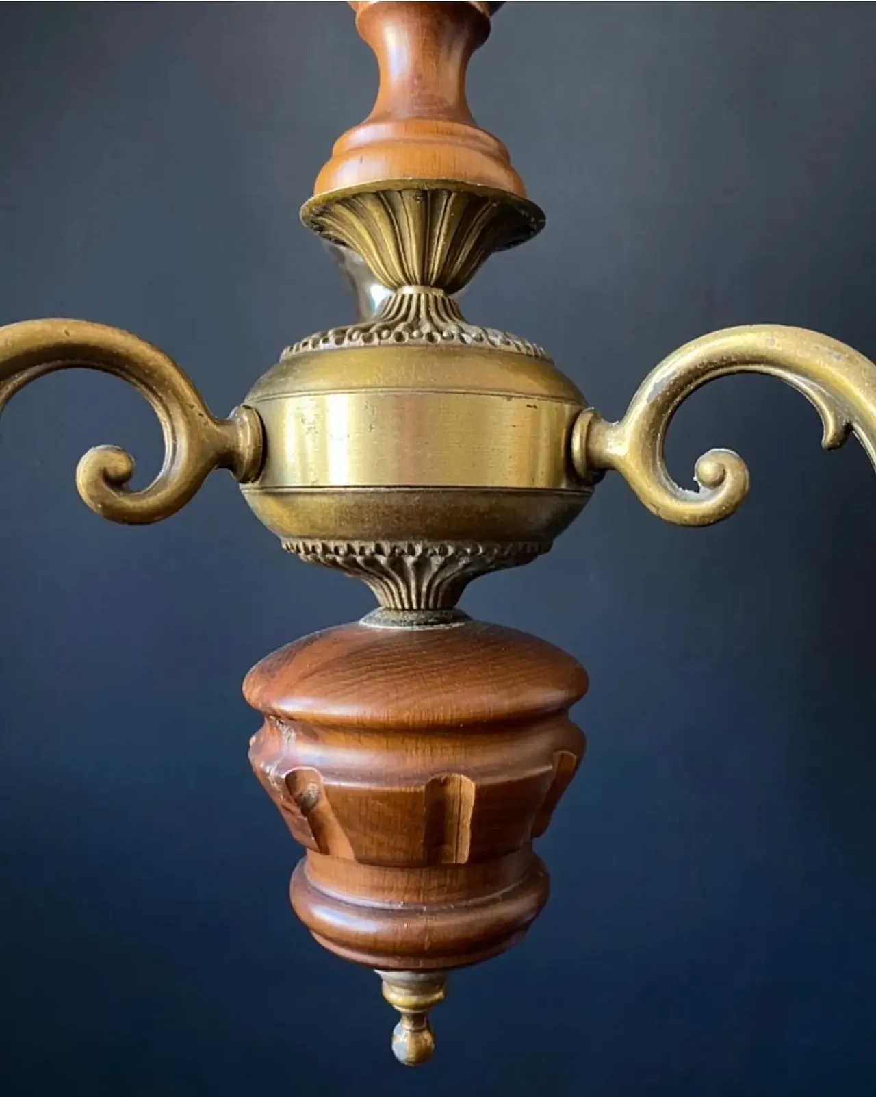 Chandelier in brass, wood and glass, 1960s 10