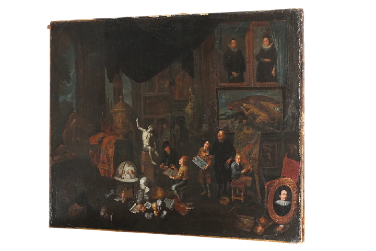 Dipinto olio su tela fiammingo atelier d artista, '600 21