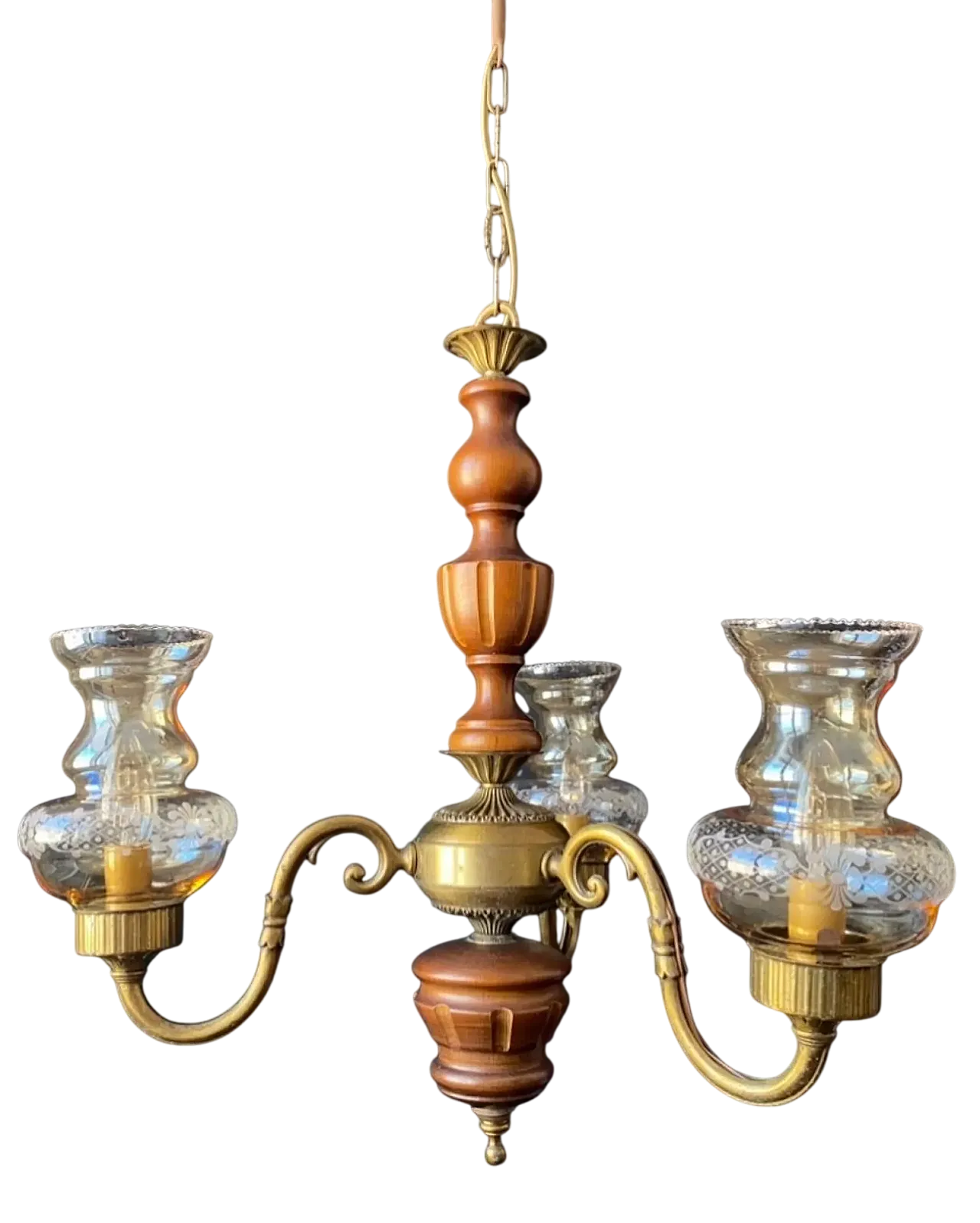 Chandelier in brass, wood and glass, 1960s 15