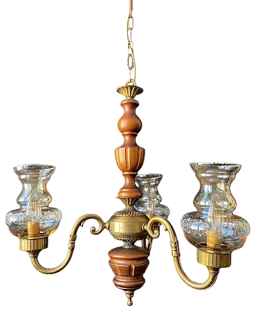 Lampadario in ottone, legno e vetro, anni '60