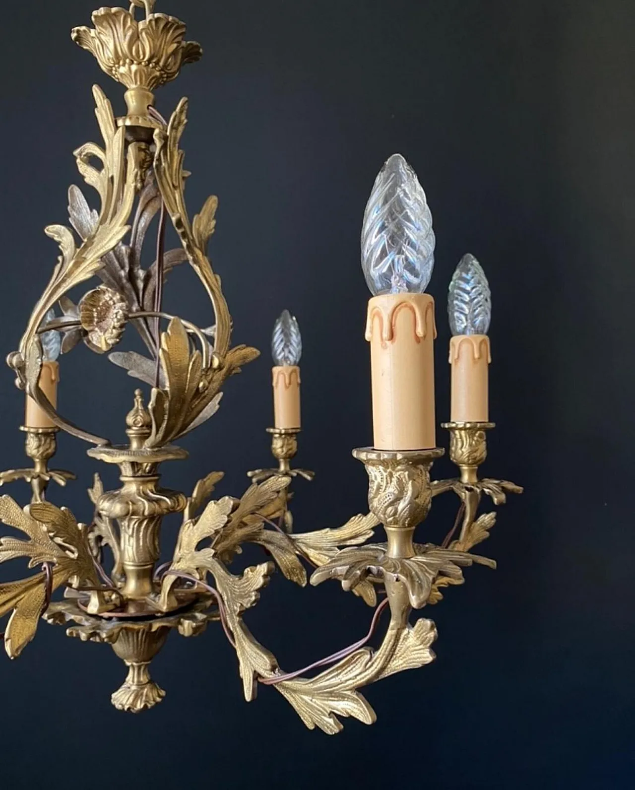Chandelier in bronze and brass with floreal decorations, 1930s 3