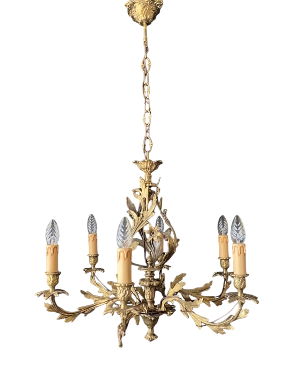 Chandelier in bronze and brass with floreal decorations, 1930s 10