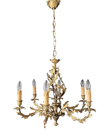 Lampadario in bronzo e ottone con decorazioni floreali, anni '30