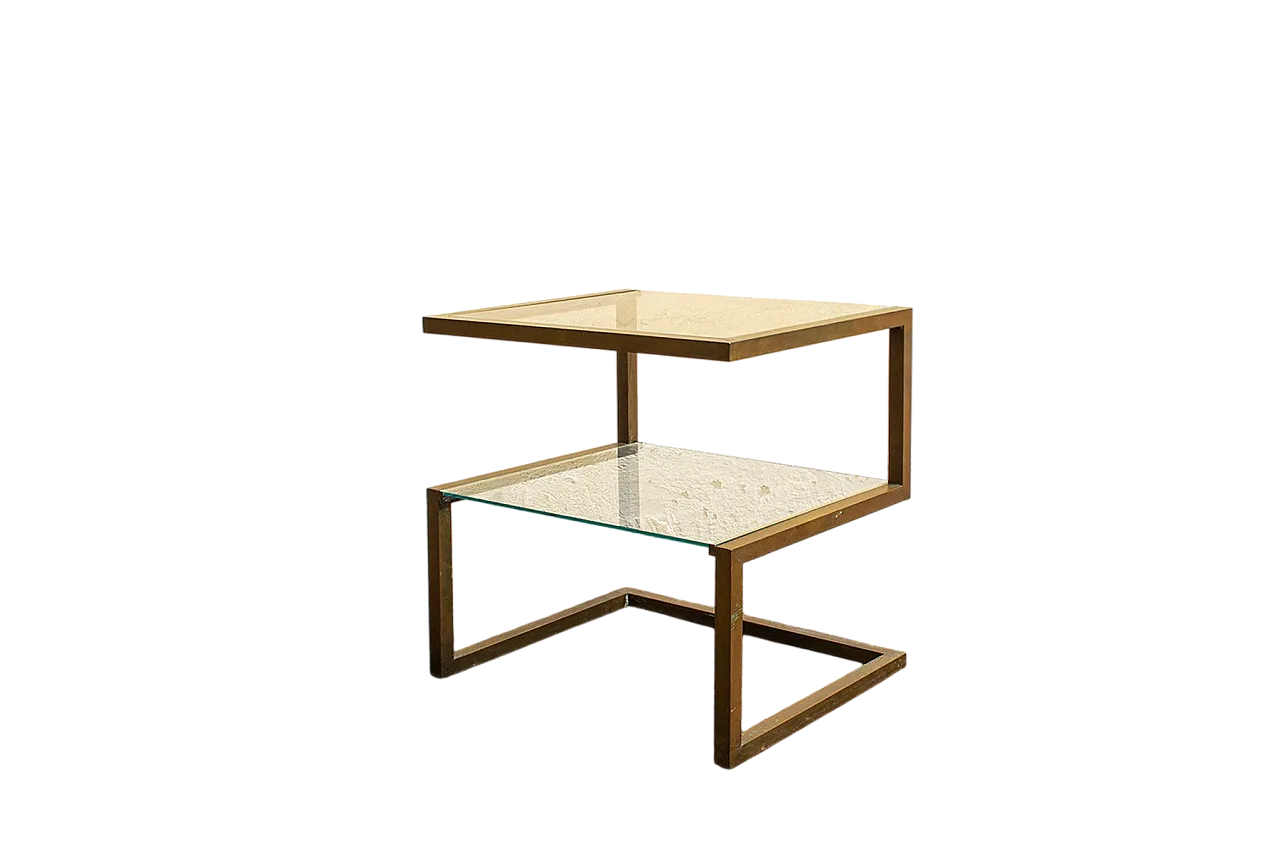 Tavolino da caffè in ottone con doppio ripiano in vetro, anni '70 6