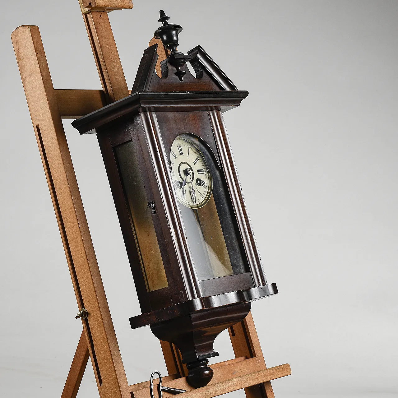Wooden wall pendulum clock with winding key, 19th century 2
