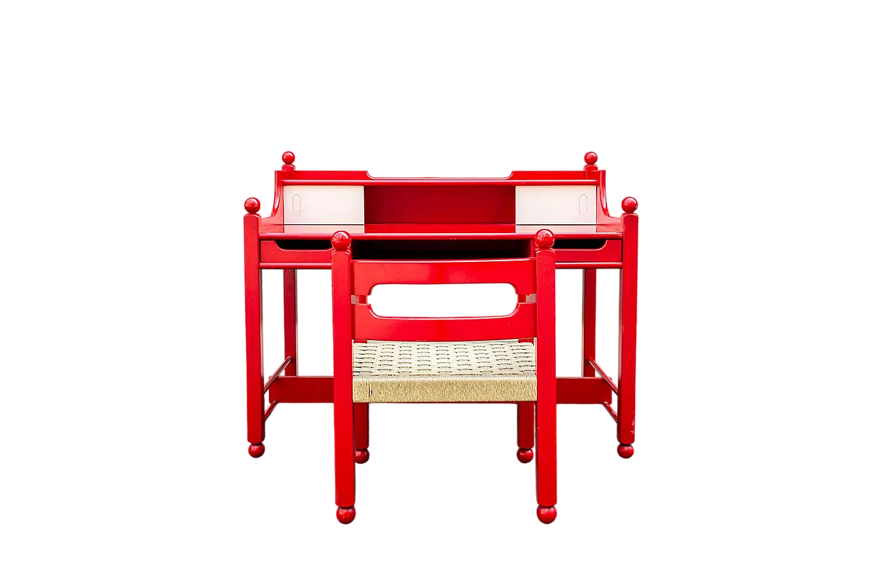 Scrivania con sedia in legno laccato rosso, anni '70 9