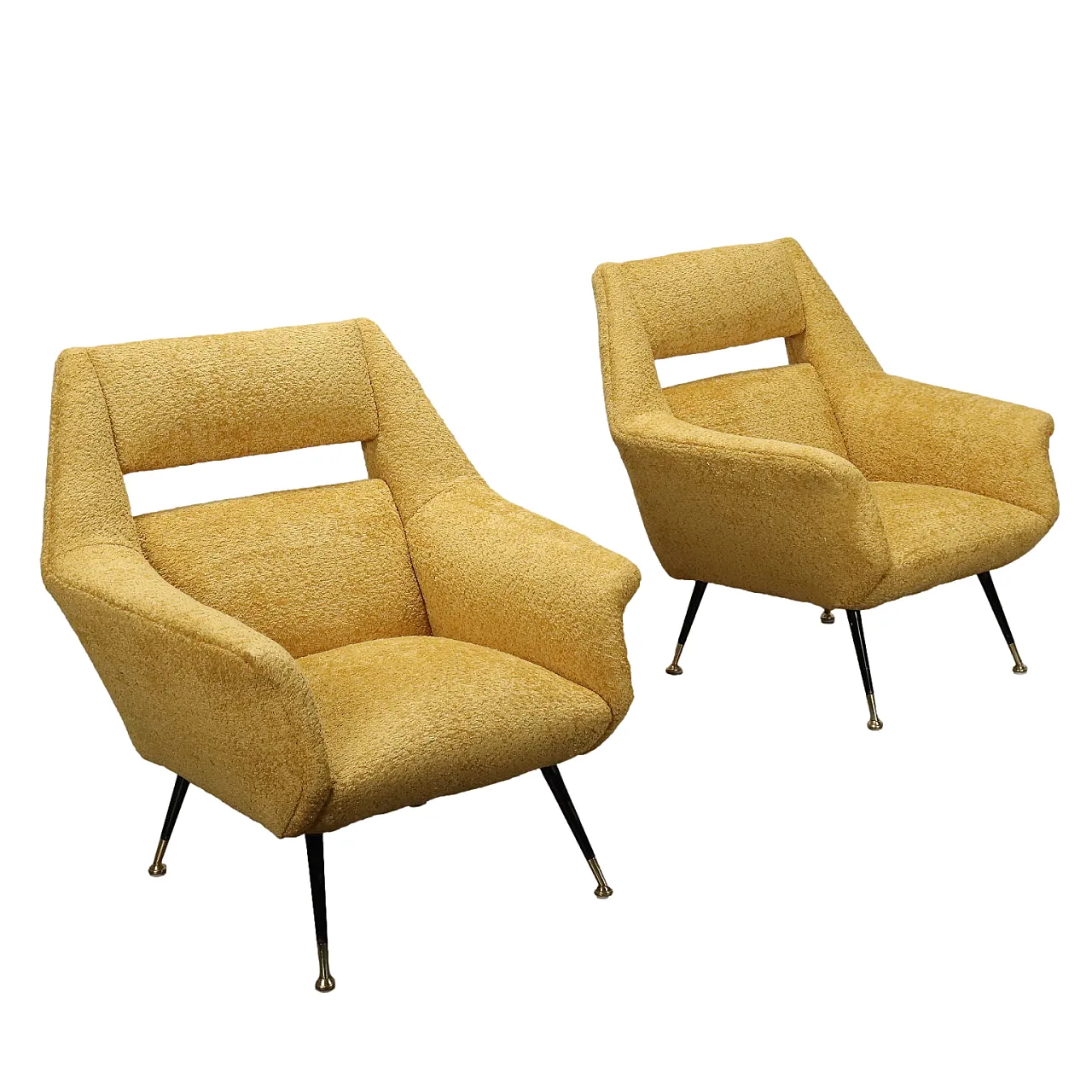 Yellow Armchairs in foam metal and brass Italy, 1950s 1