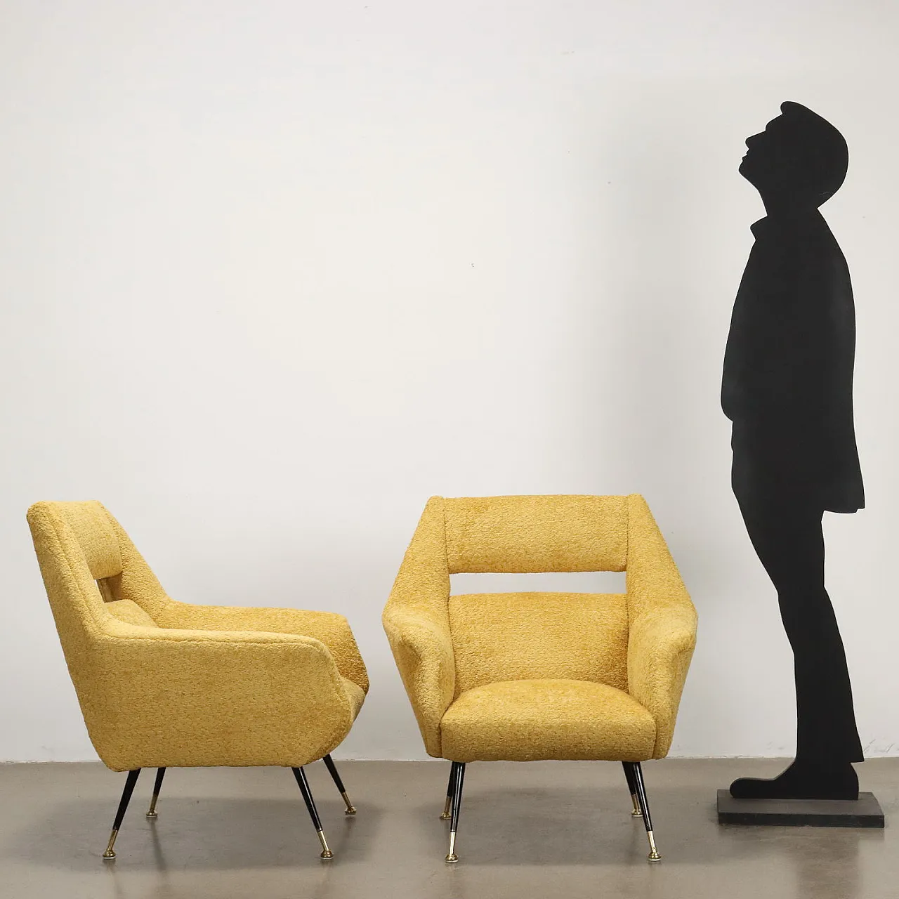 Yellow Armchairs in foam metal and brass Italy, 1950s 2