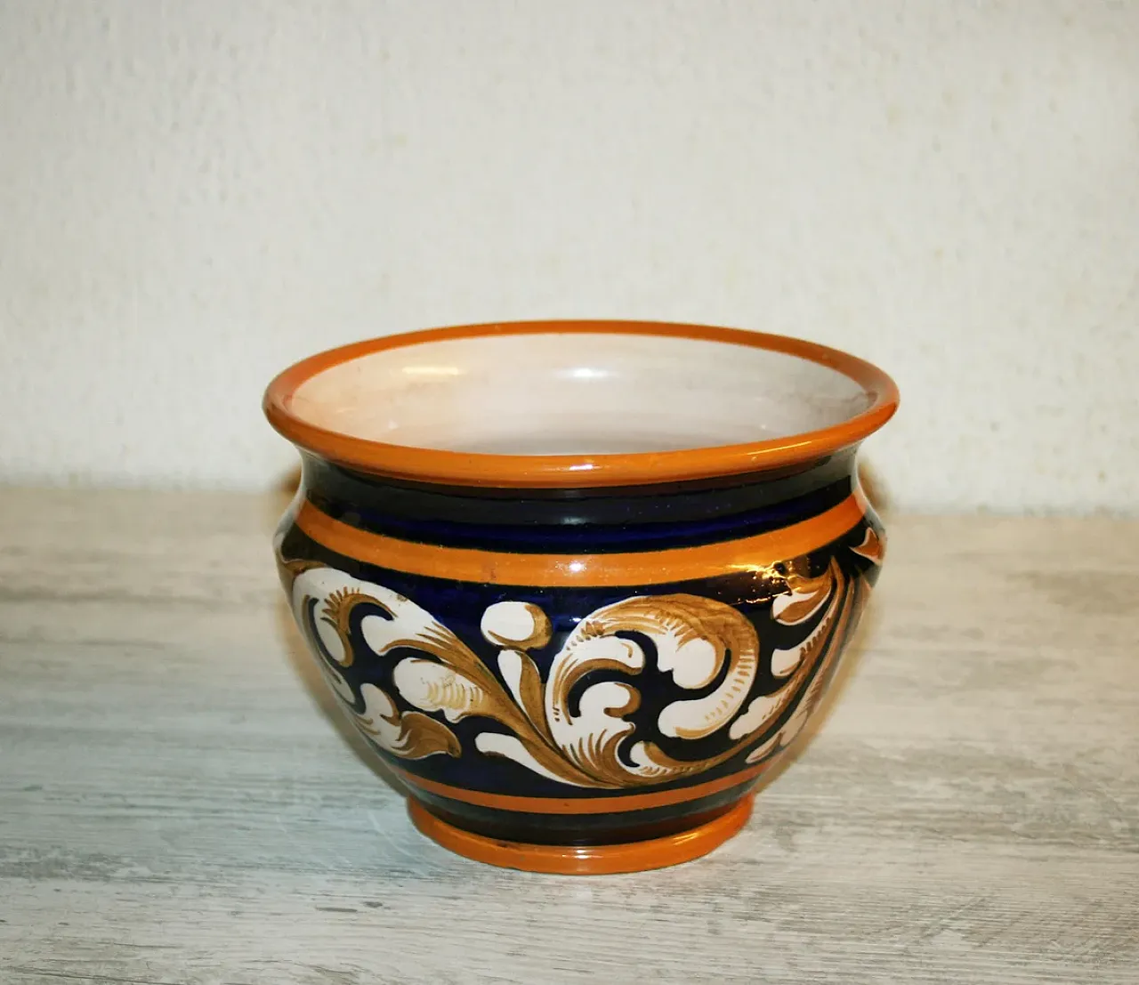 Ceramic plant holder with grotesques, Blu BMC, 1960s 1