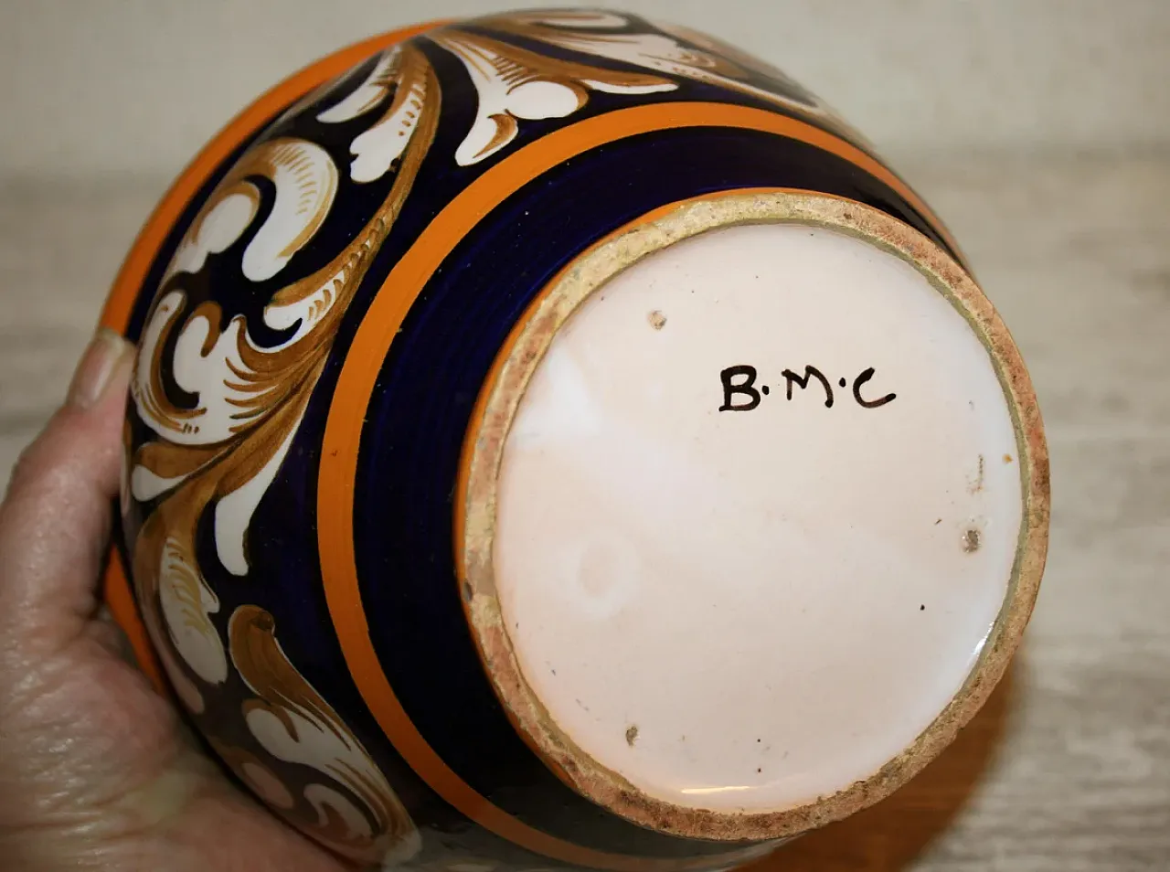 Ceramic plant holder with grotesques, Blu BMC, 1960s 2