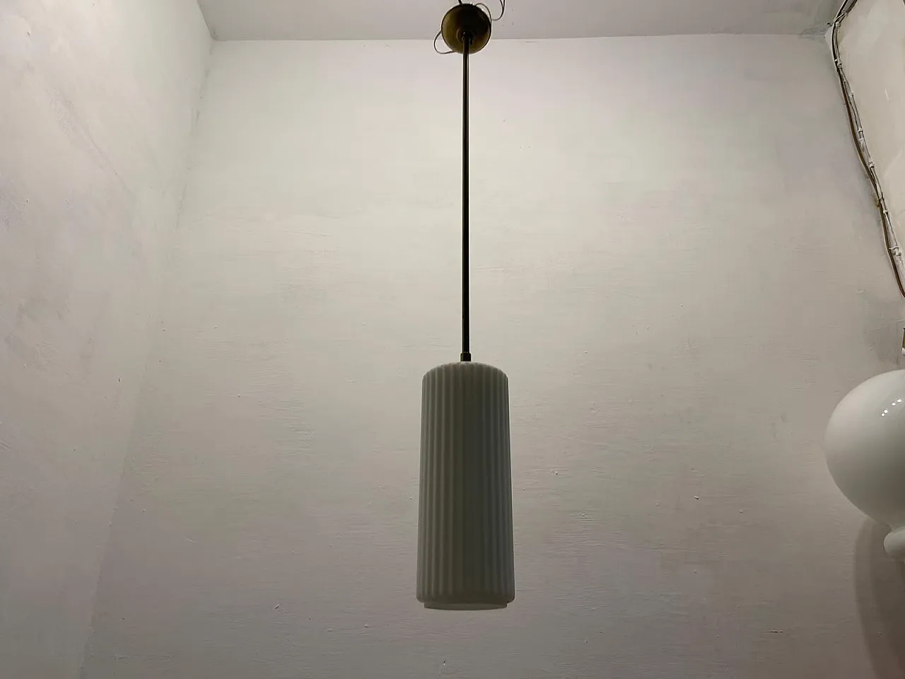 White Opaline Glass Pleated Light Pendant 1960's 9