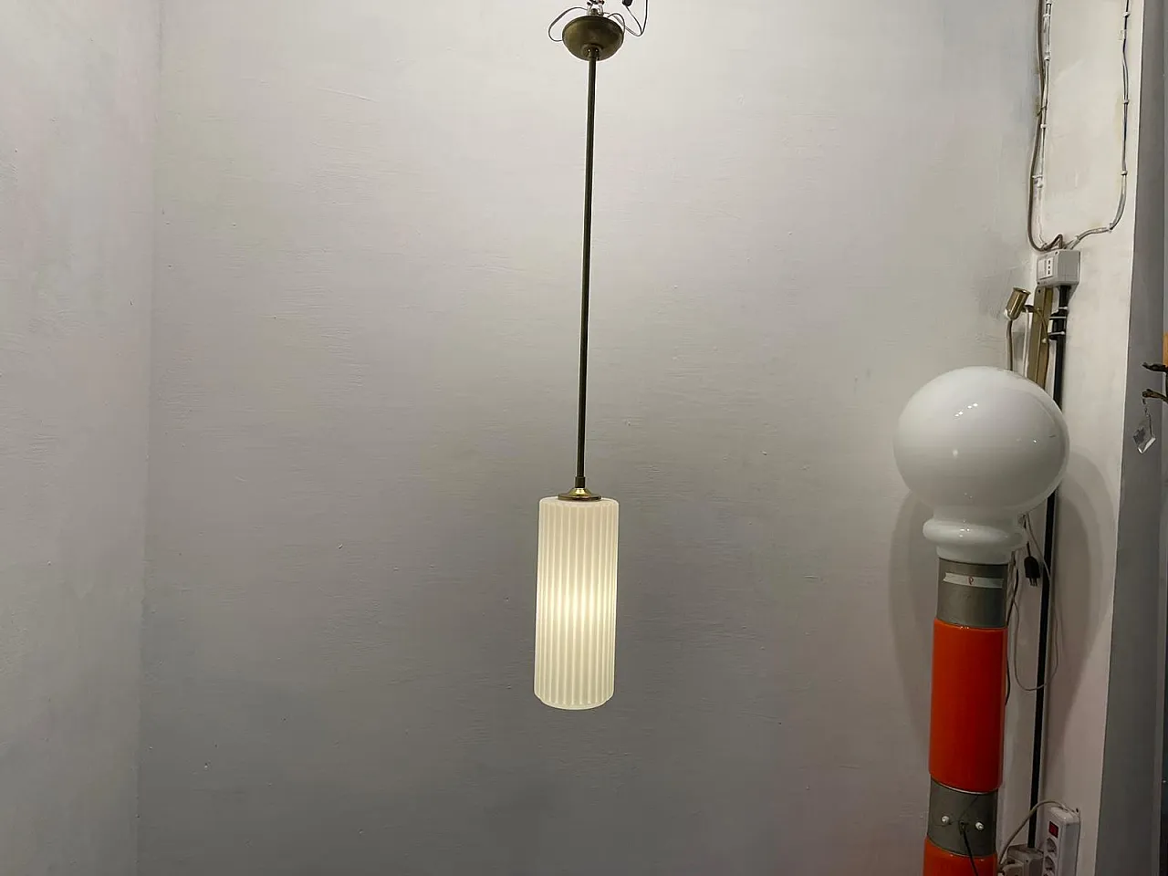 White Opaline Glass Pleated Light Pendant 1960's 10
