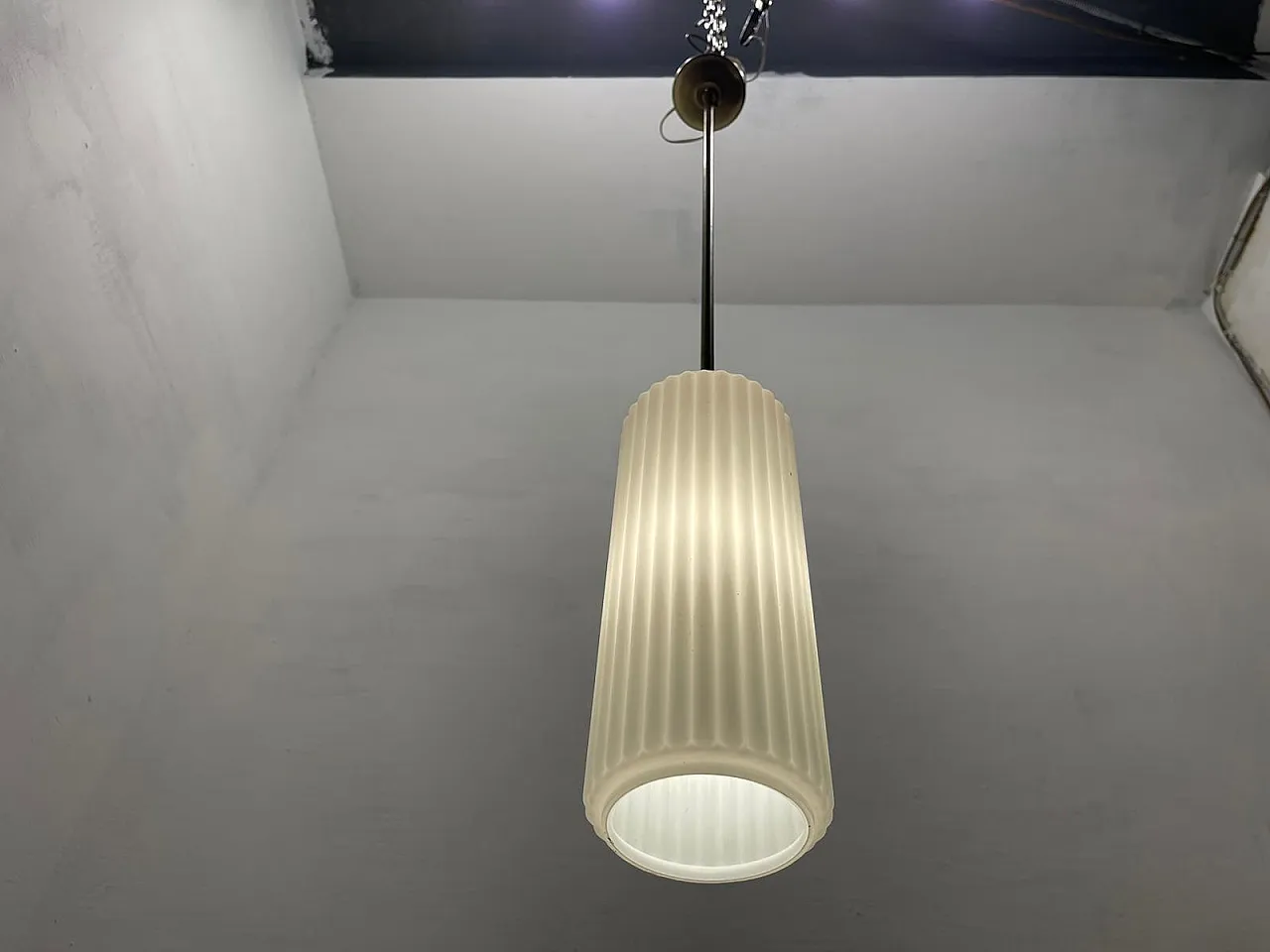 White Opaline Glass Pleated Light Pendant 1960's 11