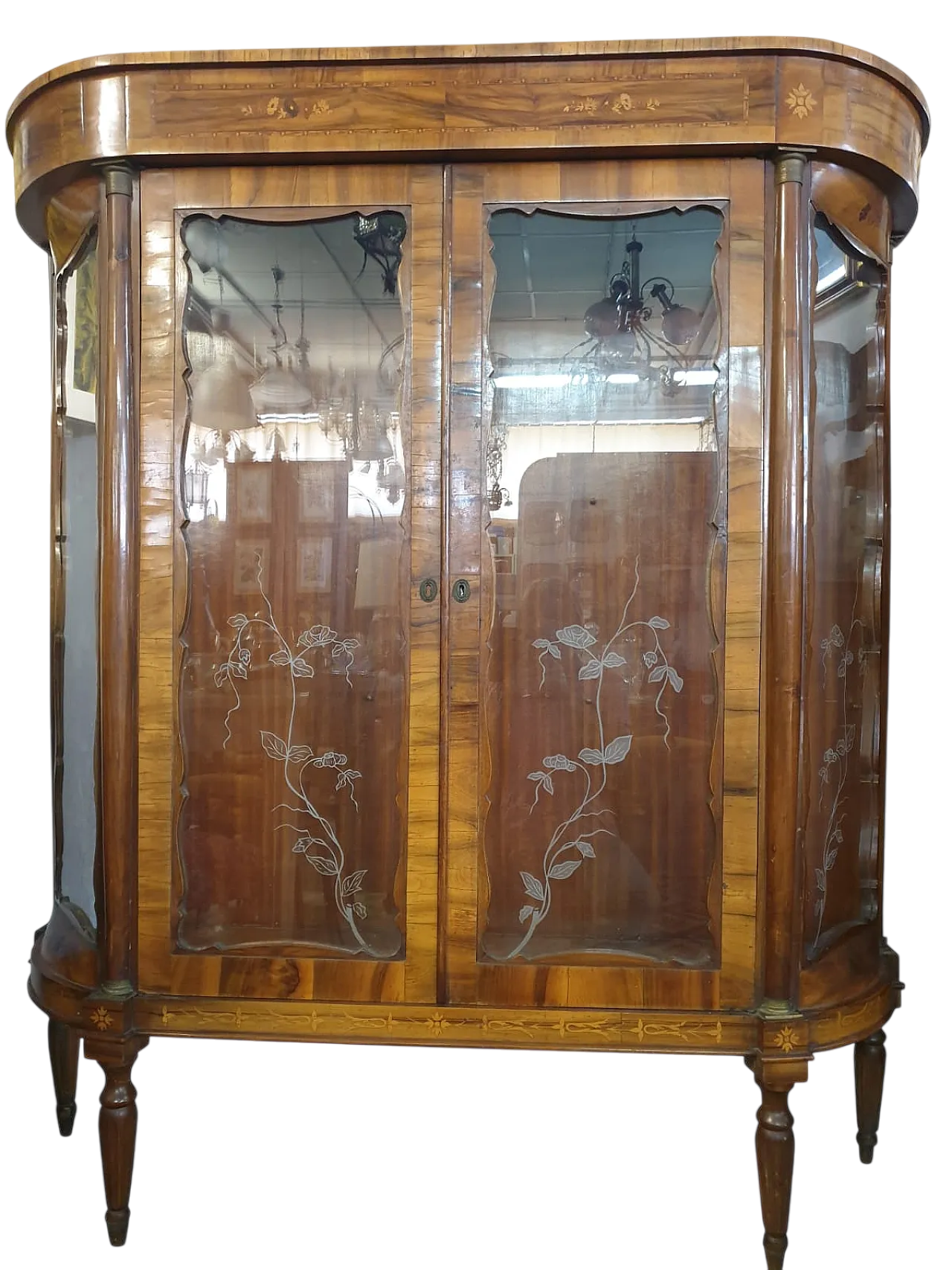 Vetrina Luigi Filippo in noce con vetri decorati, '800 21