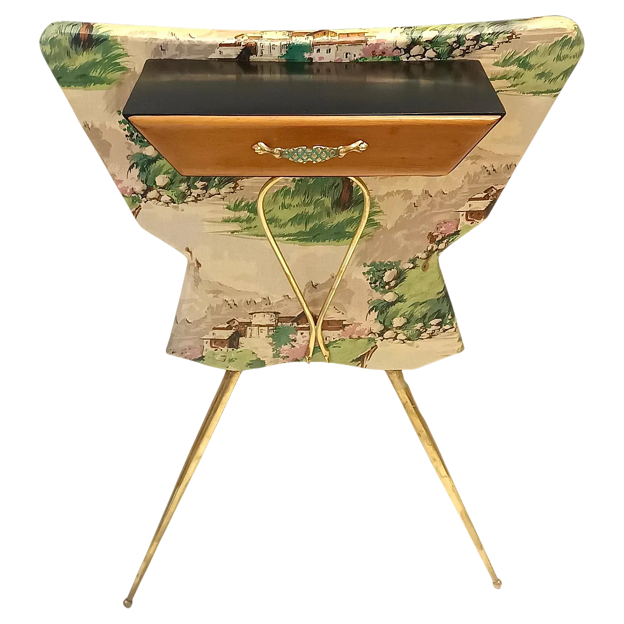 Ebonized beech and fabric console table with a drawer, 50s 13