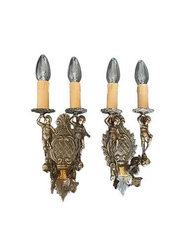 Coppia di applique in bronzo e ottone con Putti, '900