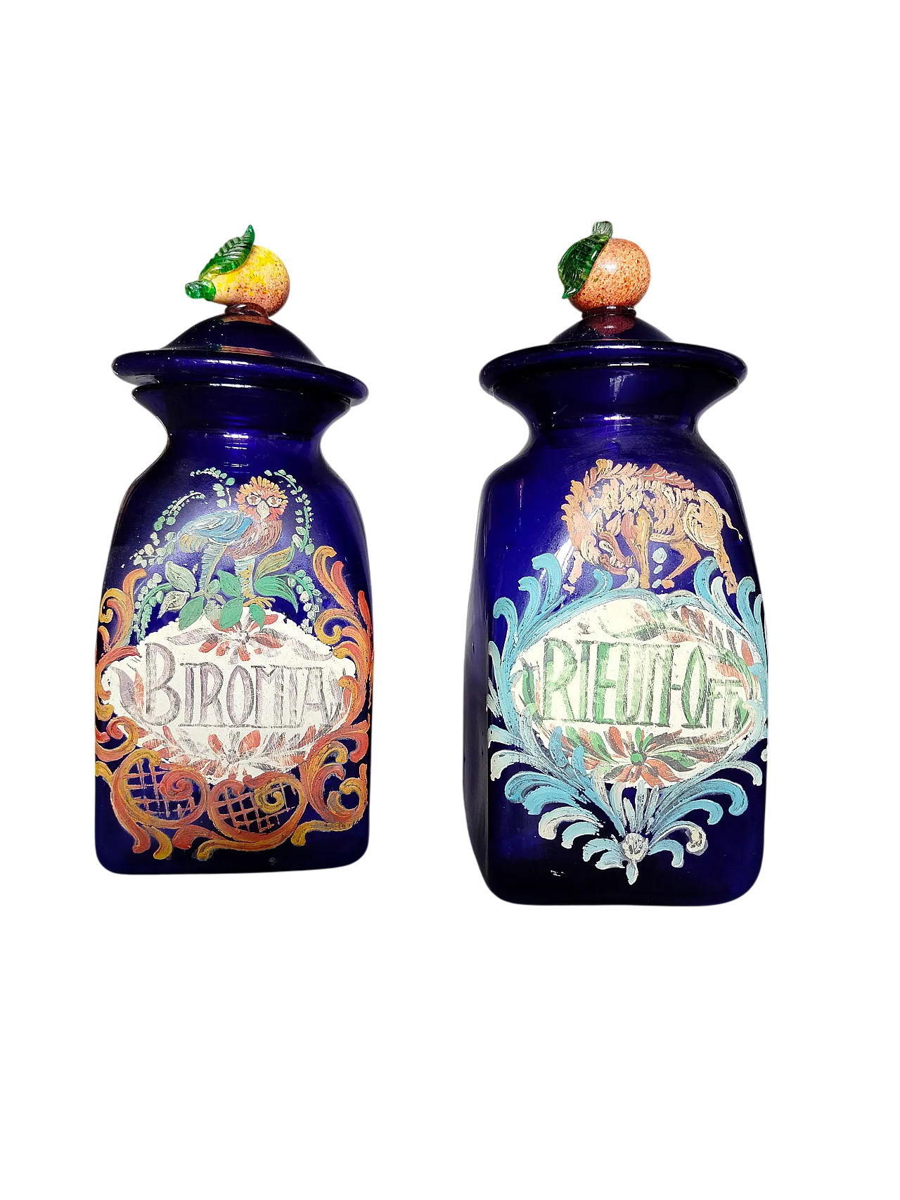 Coppia di vasi in stile farmacia in vetro soffiato, primo '900 10