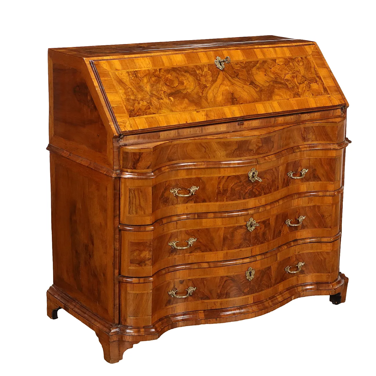 Mobile barocco a ribalta in noce a 3 cassetti, '700 1