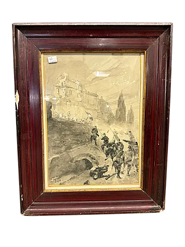 Acquarello Tito Ettore Risorgimento - Assedio Villa del Vascello, '800