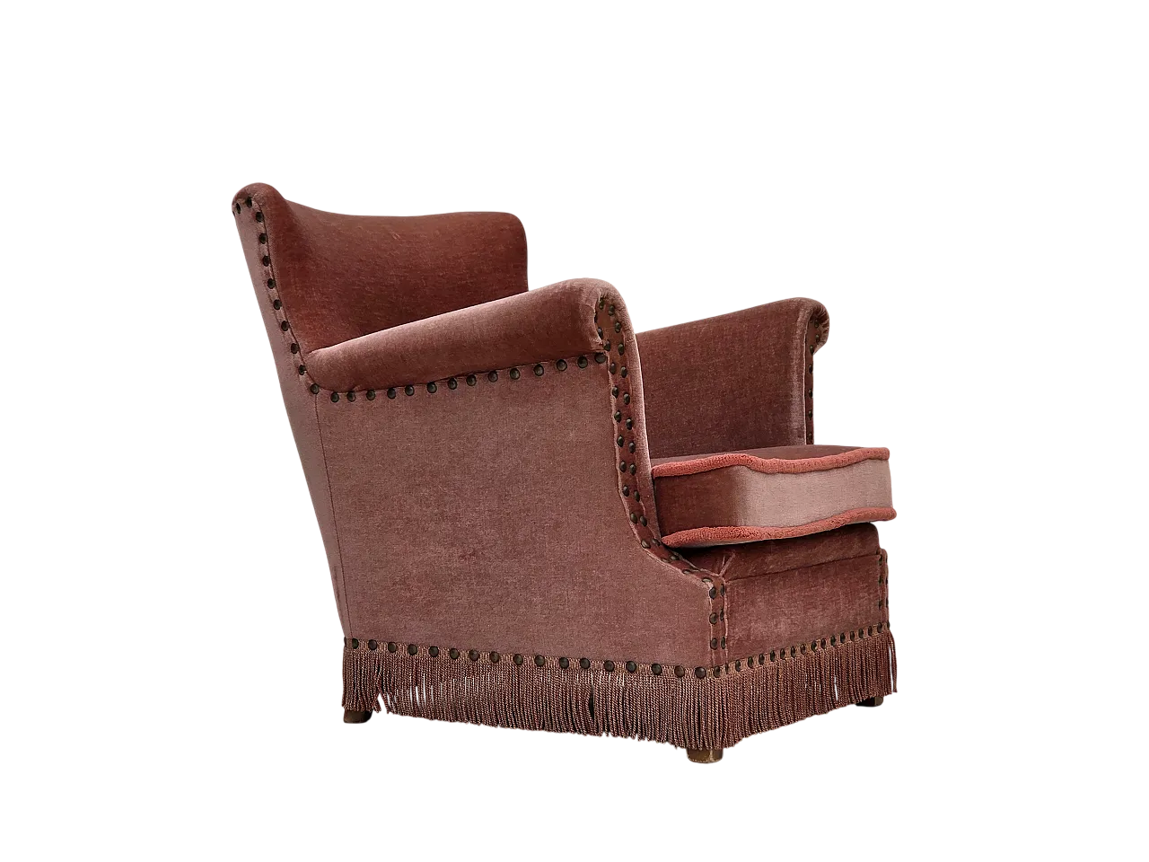 Danish armchair, salmon pink velour, beech wood, 1970s 27