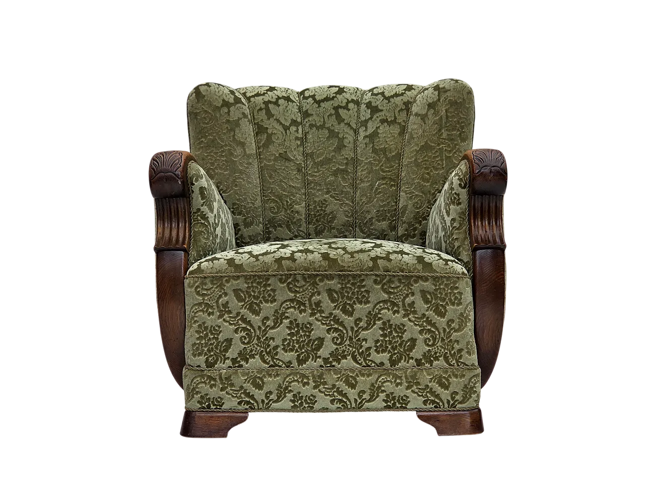 Danish armchair, green velour and oak, 60s 22