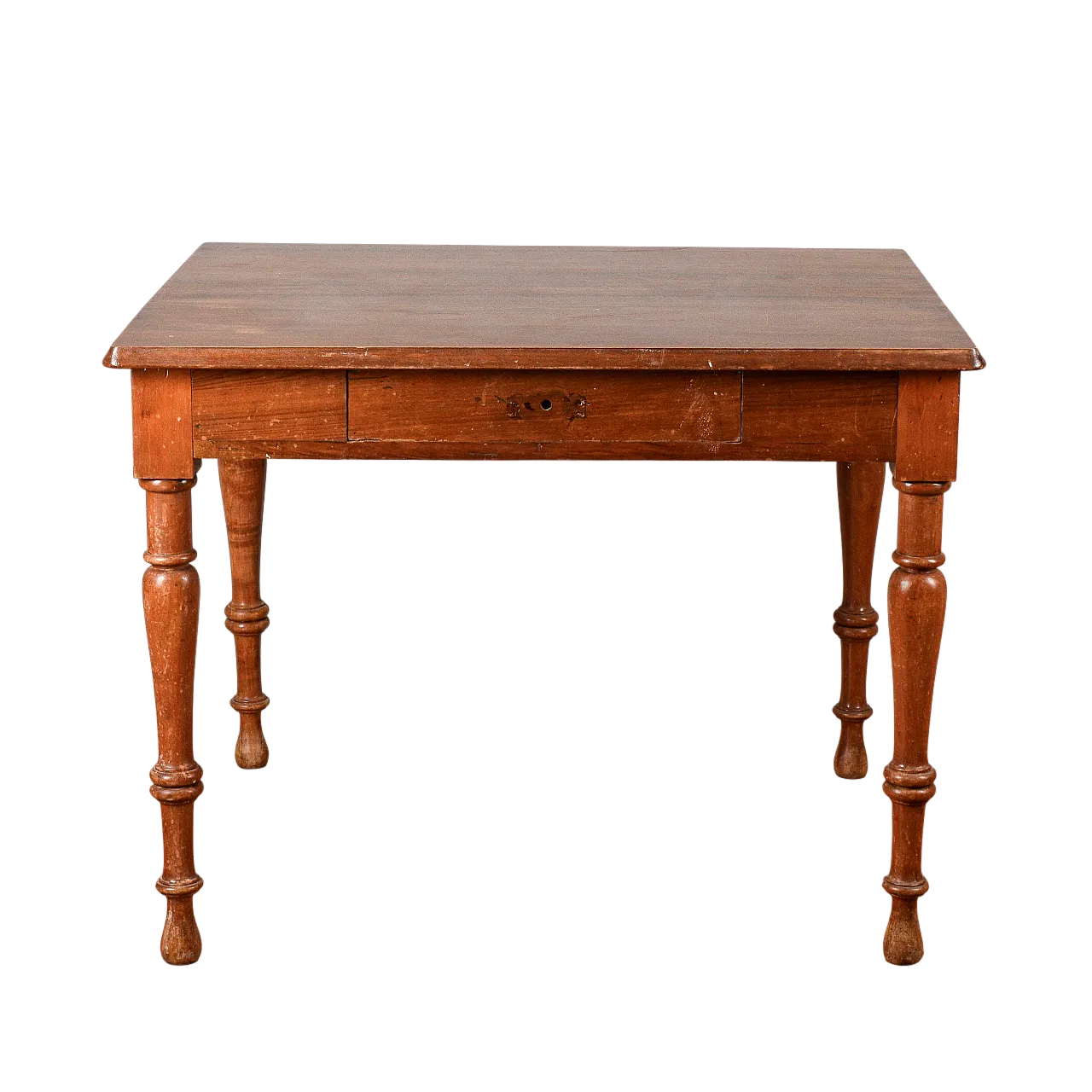Solid wood table with turned legs and drawer, 20th century 9