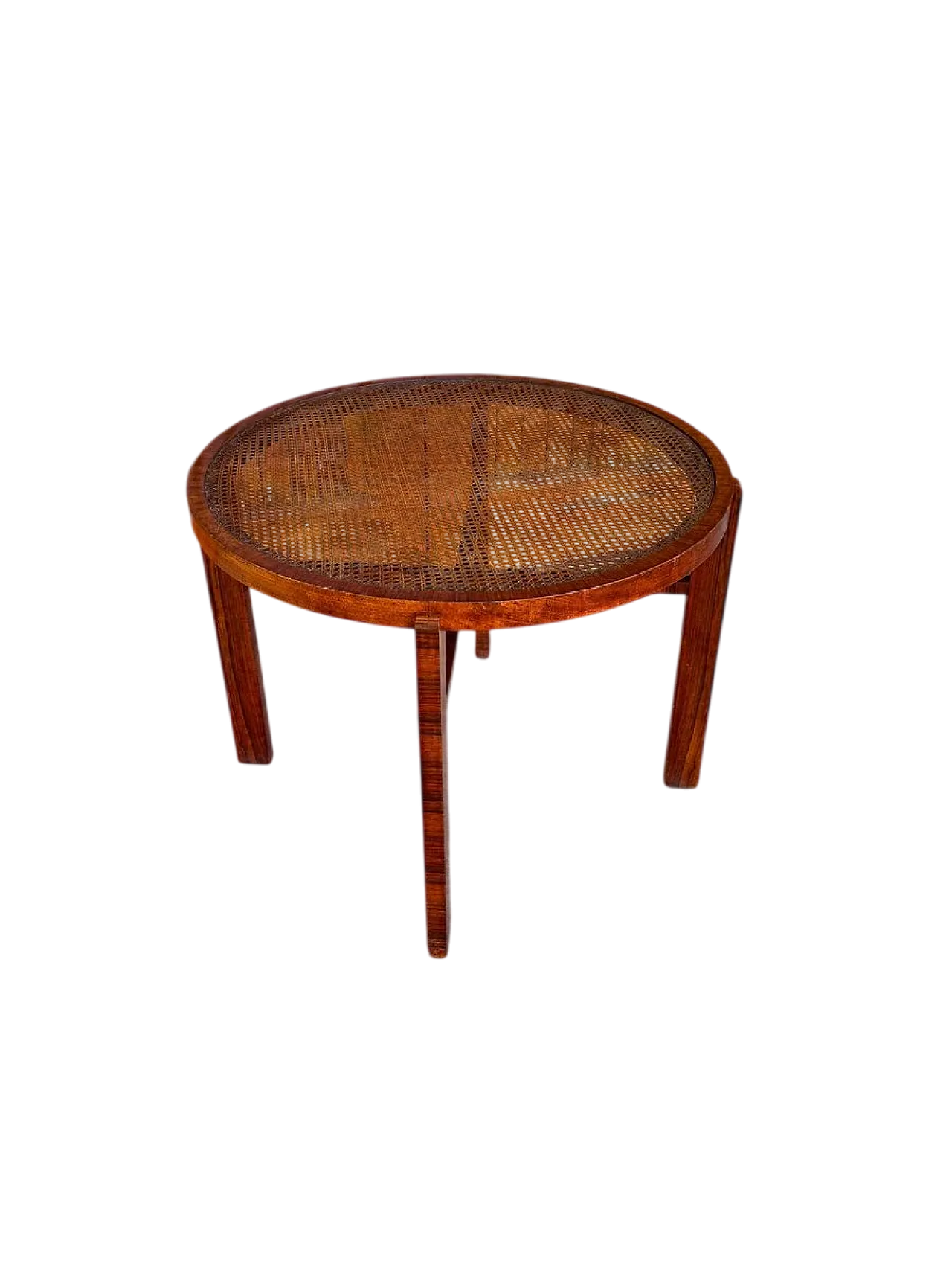 Round side table with cane top and walnut wooden frame, 1930s 6