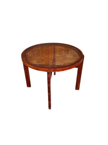 Tavolino rotondo con ripiano in canna e struttura in noce, anni '30