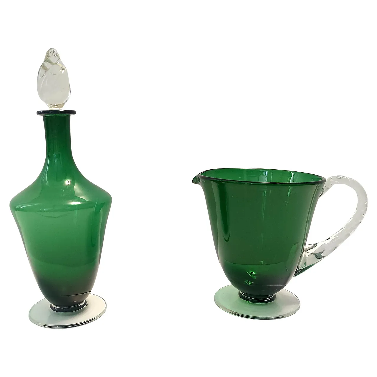 Pair of Green Hand-Blown Glass Wine and Water Pitchers, Empoli, 50s 1