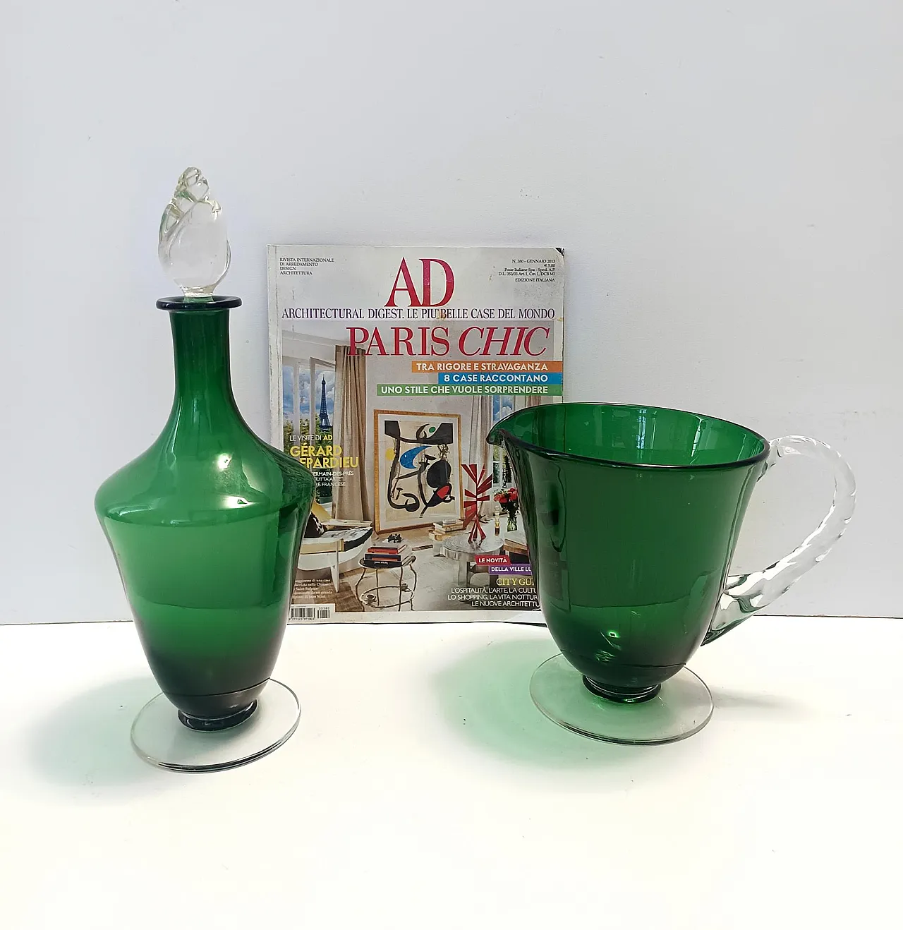 Pair of Green Hand-Blown Glass Wine and Water Pitchers, Empoli, 50s 2