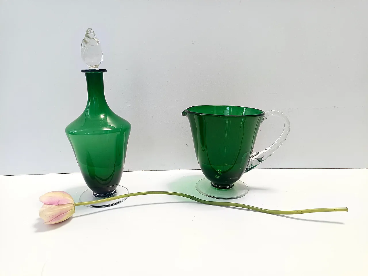 Pair of Green Hand-Blown Glass Wine and Water Pitchers, Empoli, 50s 3