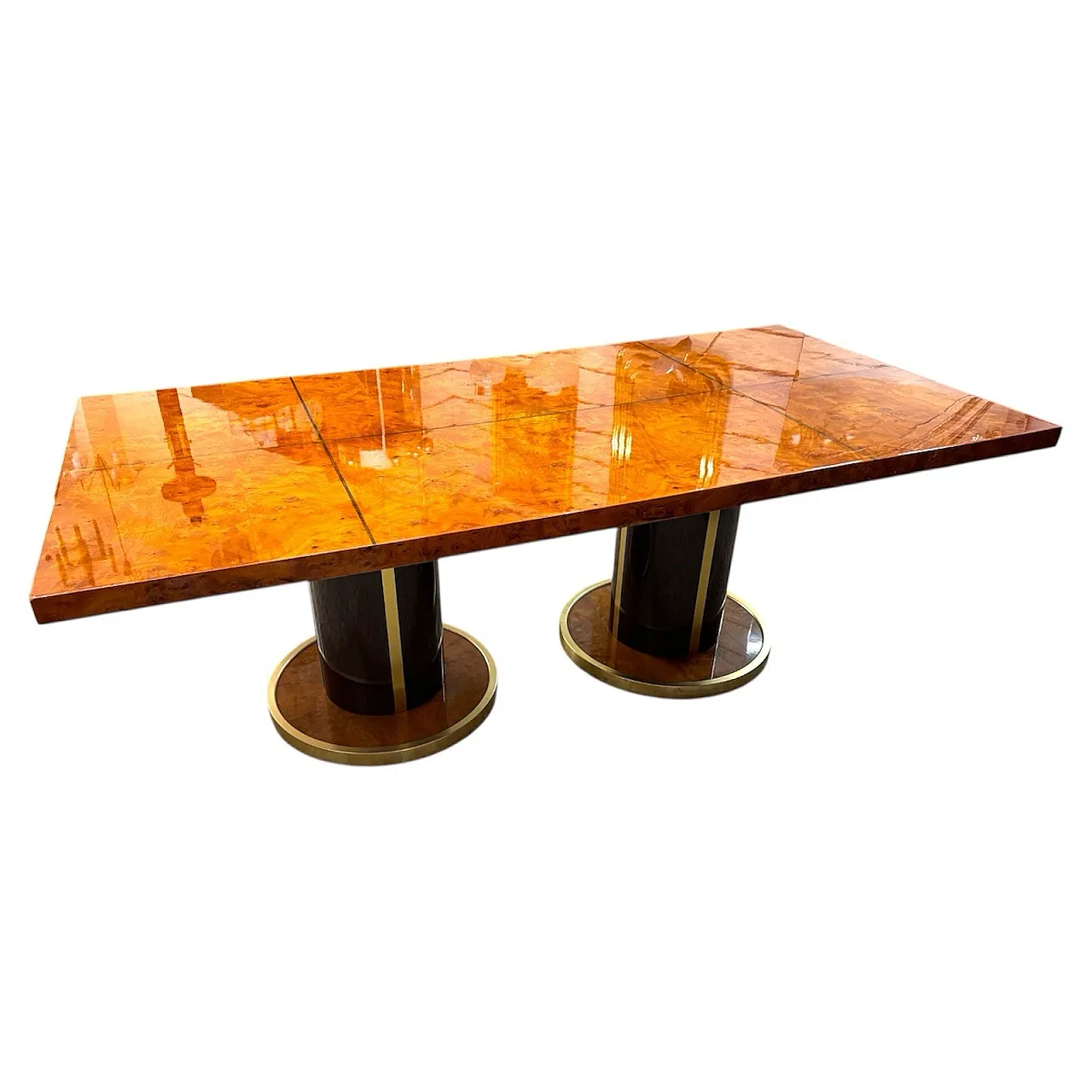 Dining table in gold-plated metal and burl wood, 1970s 1