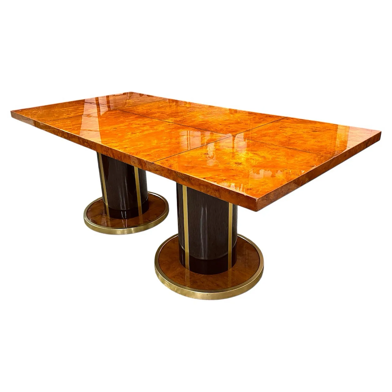 Dining table in gold-plated metal and burl wood, 1970s 2