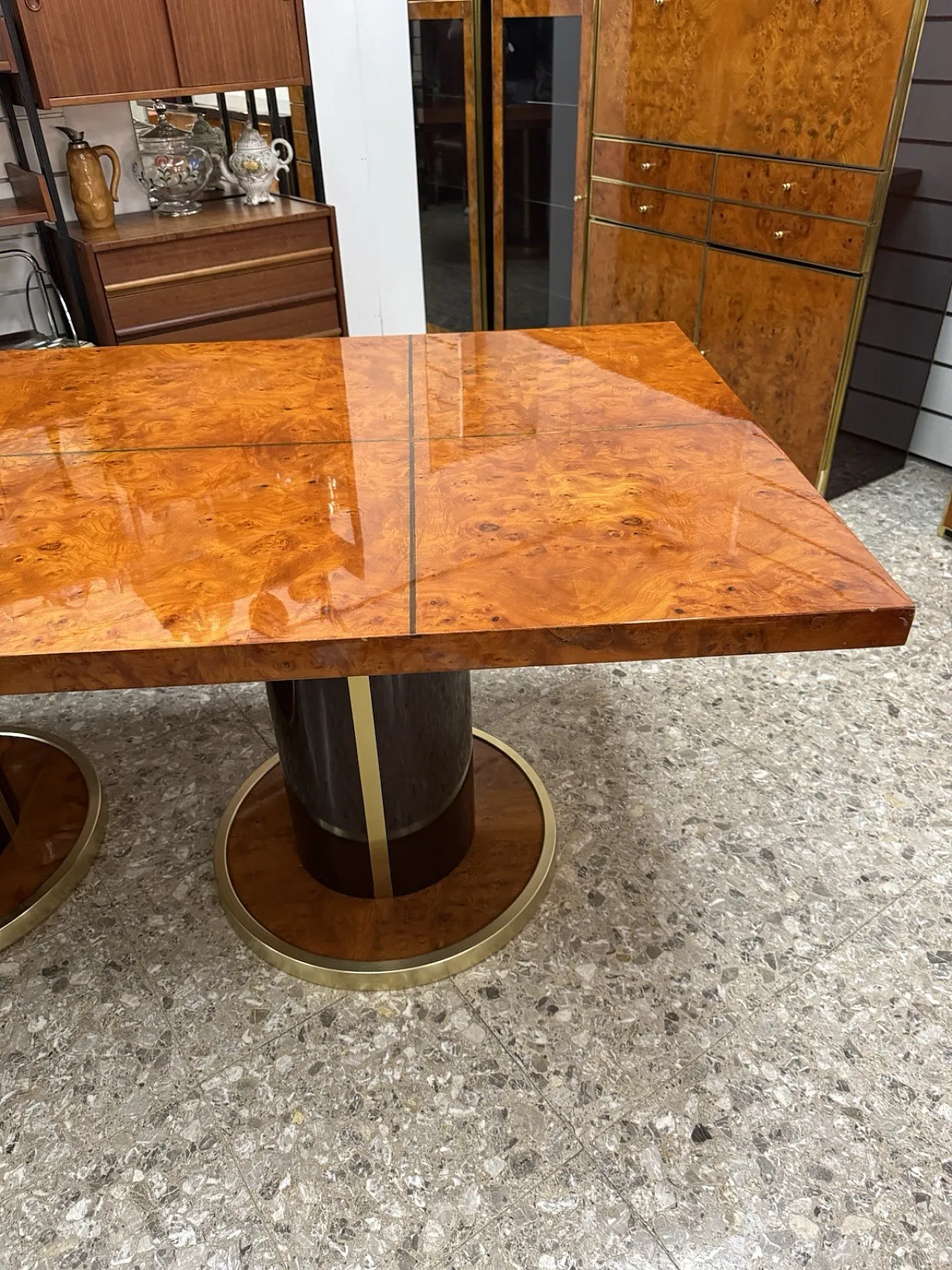 Dining table in gold-plated metal and burl wood, 1970s 3