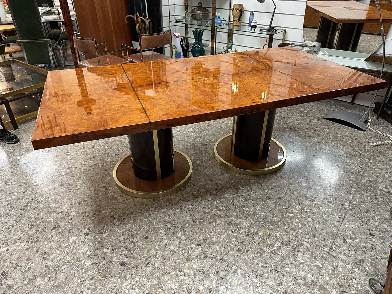 Dining table in gold-plated metal and burl wood, 1970s 7